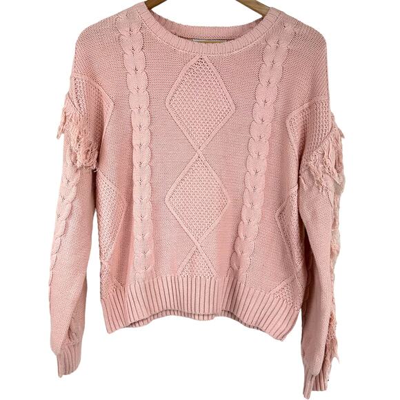 KIKIT NWT Pink Cable Knit Fringe Sleeve Trim Crew Neck Sweater Size L Rib Trim - Picture 3 of 10